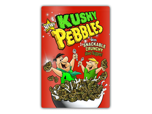 a bag of krush pebbles with a cartoon of two men in