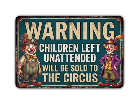 two clowns, one wearing a top hat and the other a bow tie, with a warning sign in front of them.