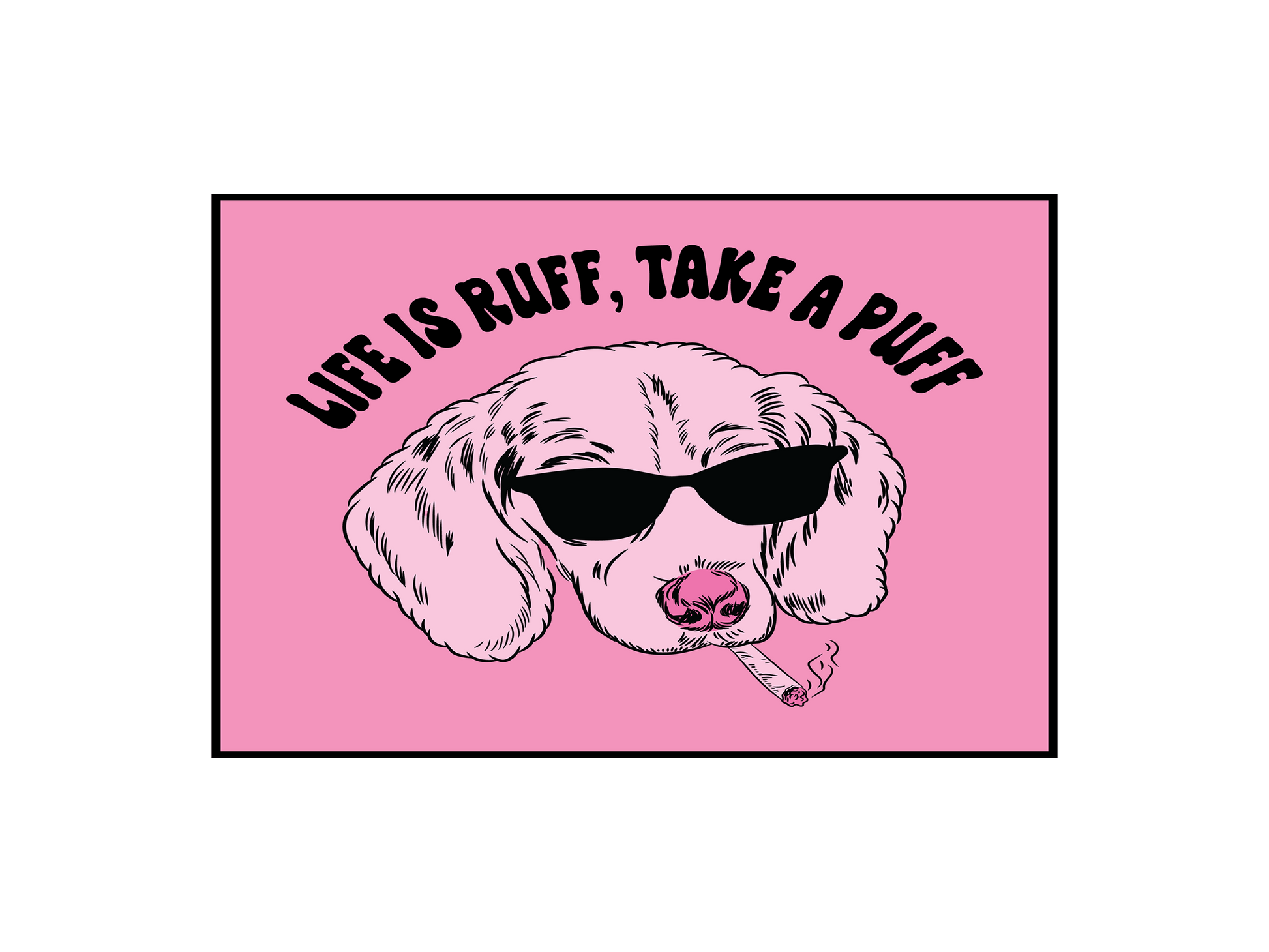 a pink sticker with a dog wearing sunglasses