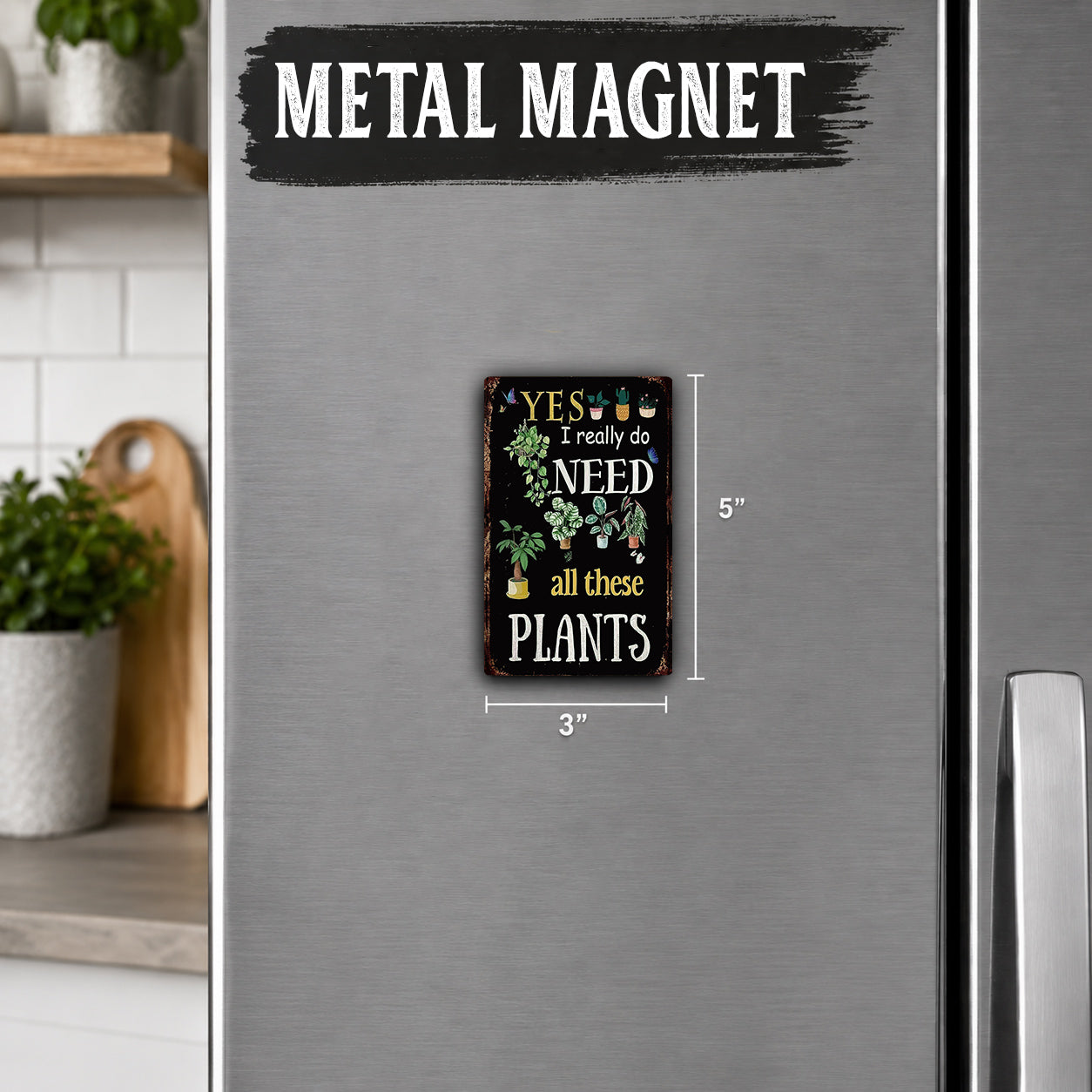 A small black and white magnet with text on it is attached to the side of a refrigerator.