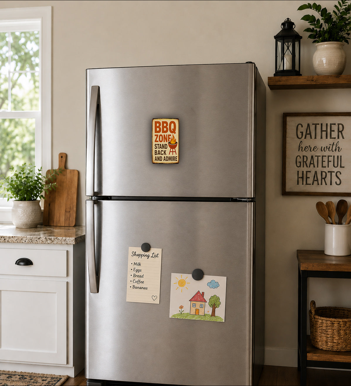 a kitchen with a stainless steel refrigerator, a wooden cutting board, and various kitchen items such as a potted plant, a vase, and a basket.