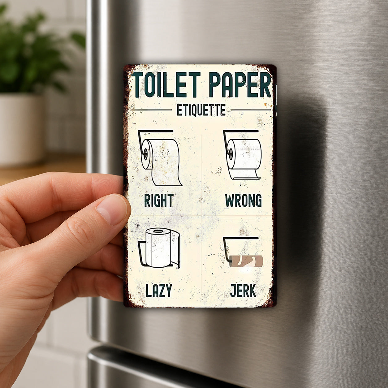 a person's hand holding a metal sign with a humorous message about toilet paper etiquette.