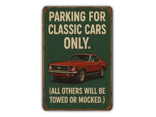 a green parking sign with a red car on it