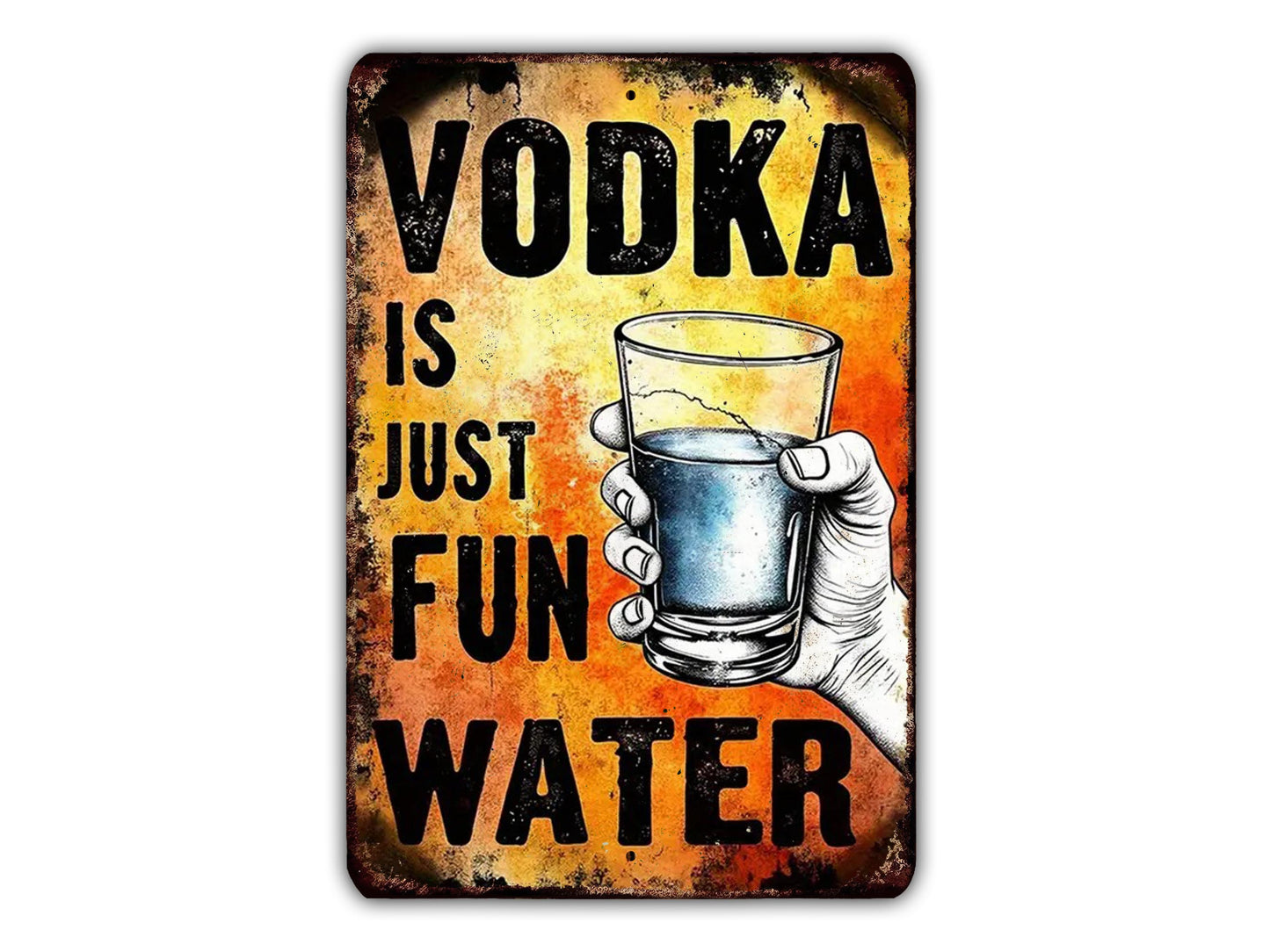 a hand holding a glass of water with the text "VODKA IS JUST FUN WATER" written above it.