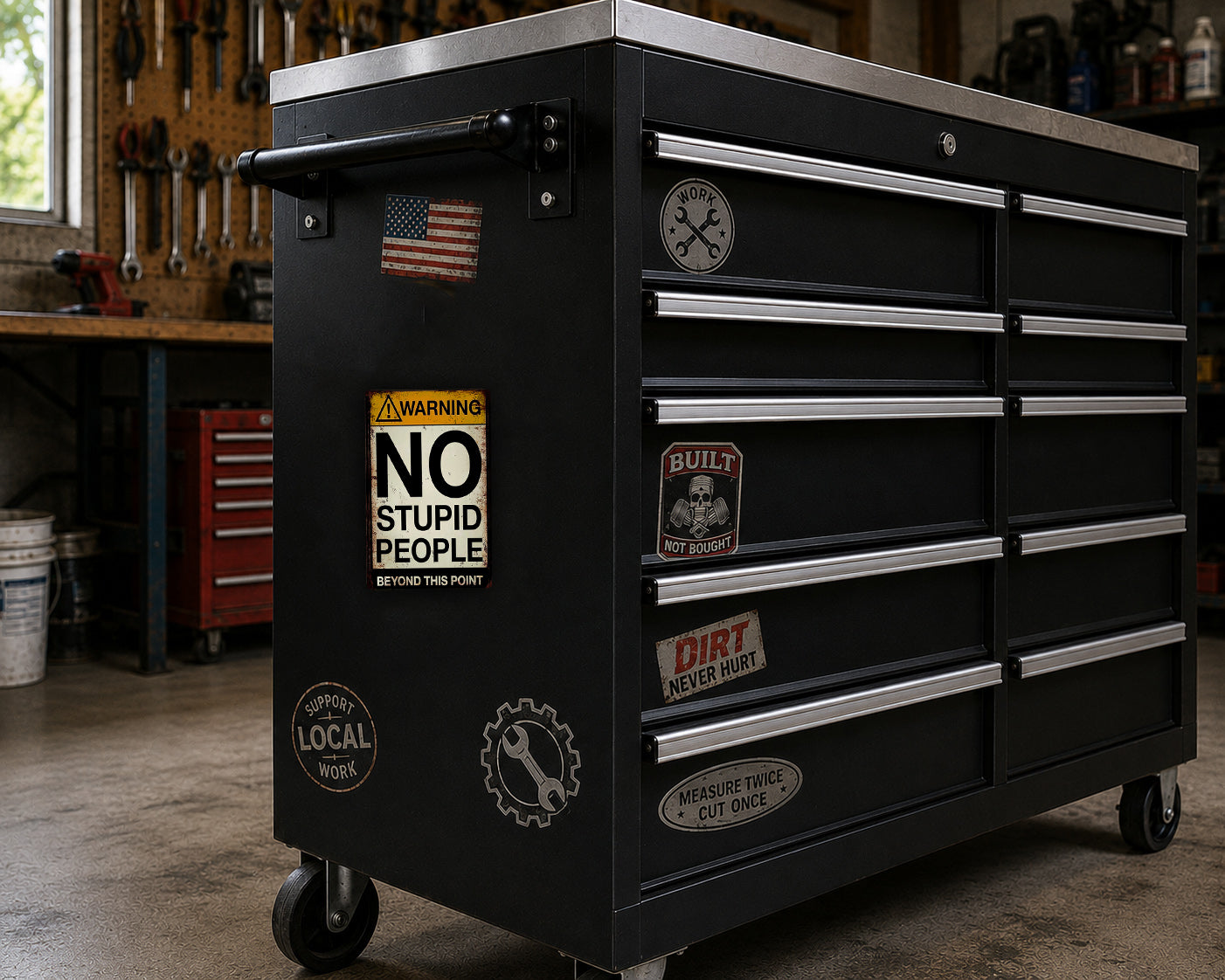 A black tool chest with various stickers and labels on it, placed in a workshop setting.