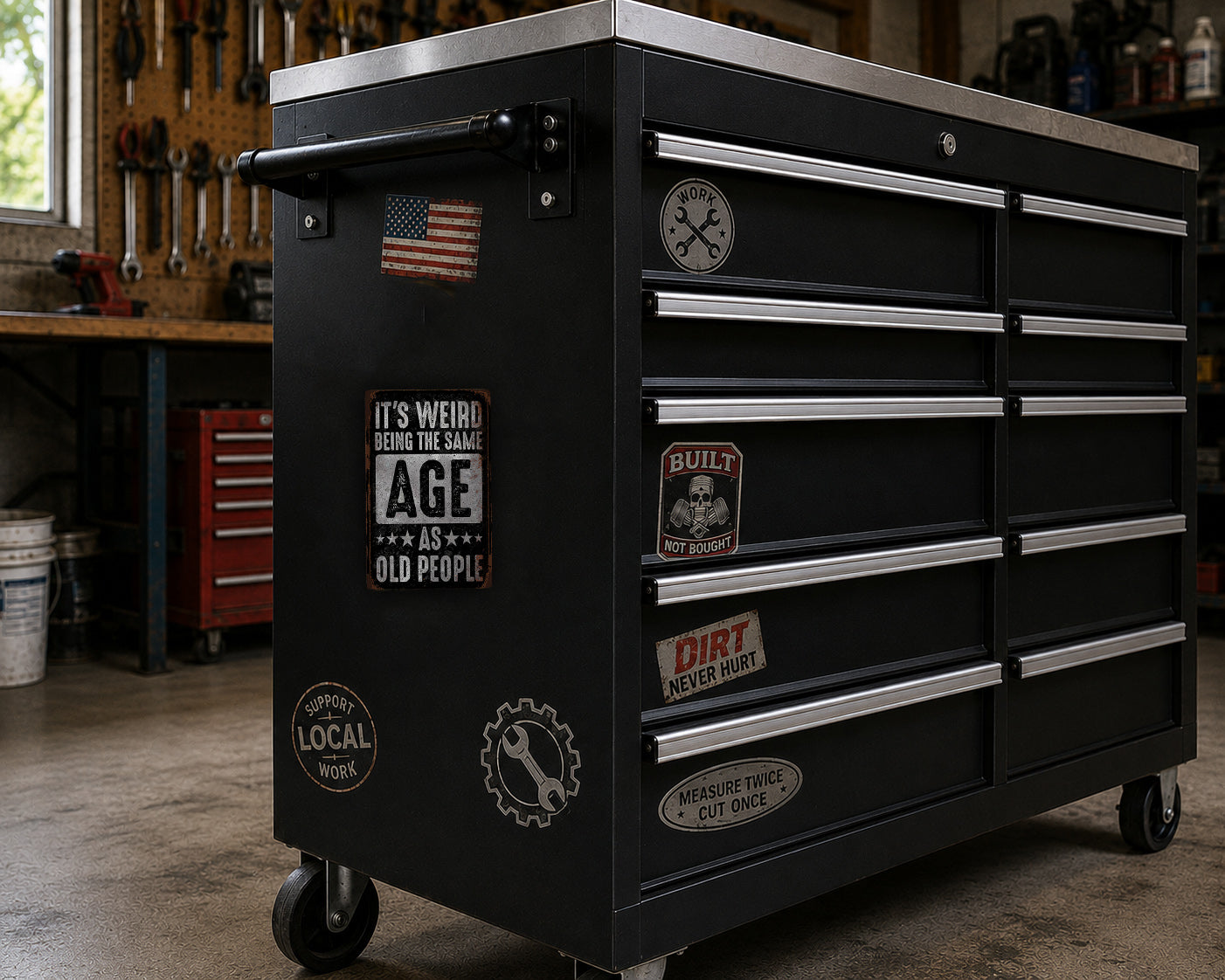 A black workbench with various stickers and labels on it, located in a workshop setting.