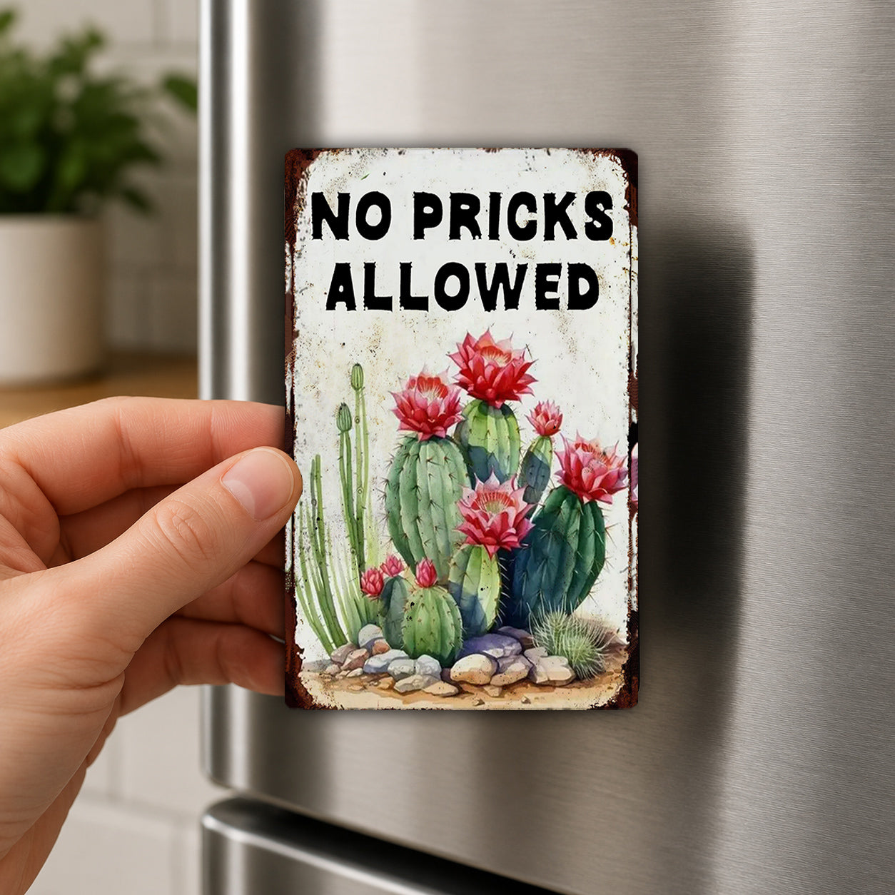 A hand is holding a metal refrigerator magnet with a picture of cacti and flowers, along with the text "NO PICKS ALLOWED".