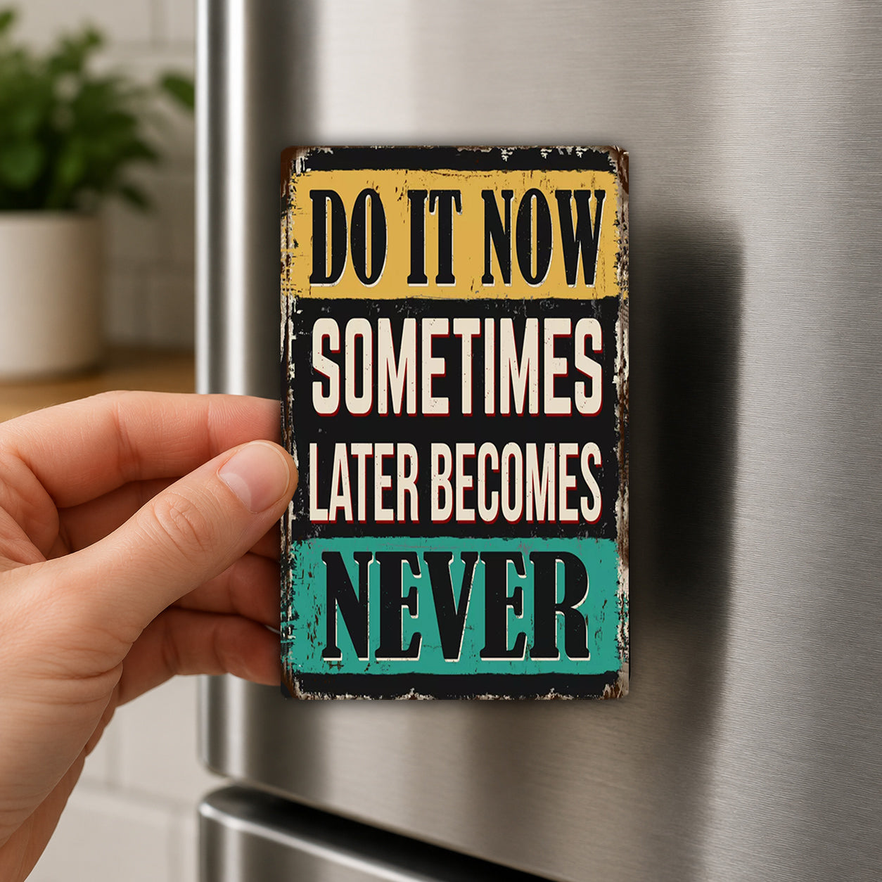 A person's hand is holding a small, vintage-style sign with the text "DO IT NOW SOMETIMES LATER BECOMES NEVER" on it.