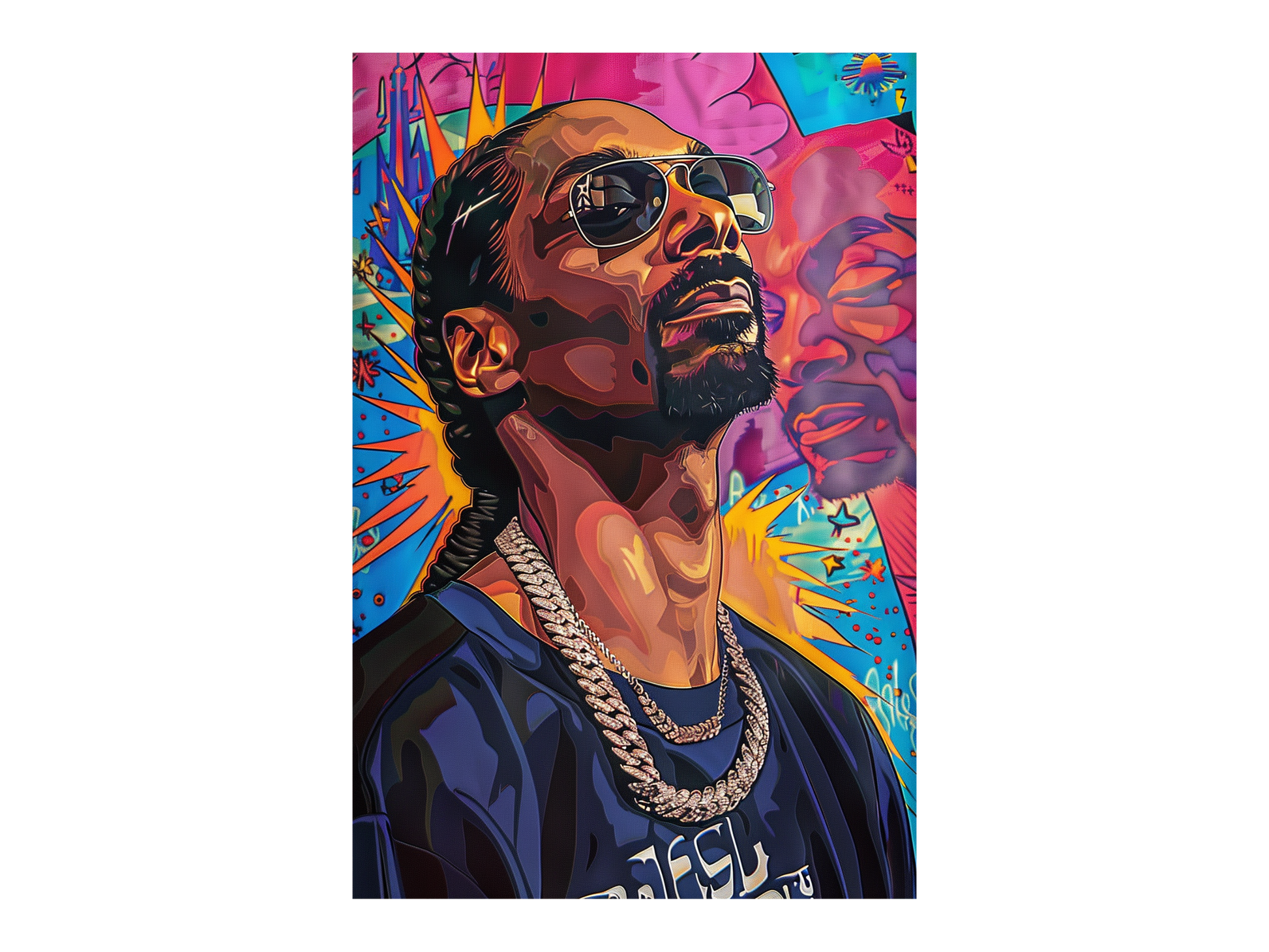 a painting of a man wearing sunglasses and a necklace