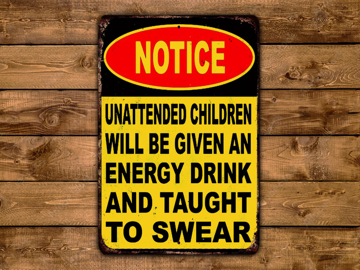 A metal sign with a warning message about unattended children and the consequences of their actions.
