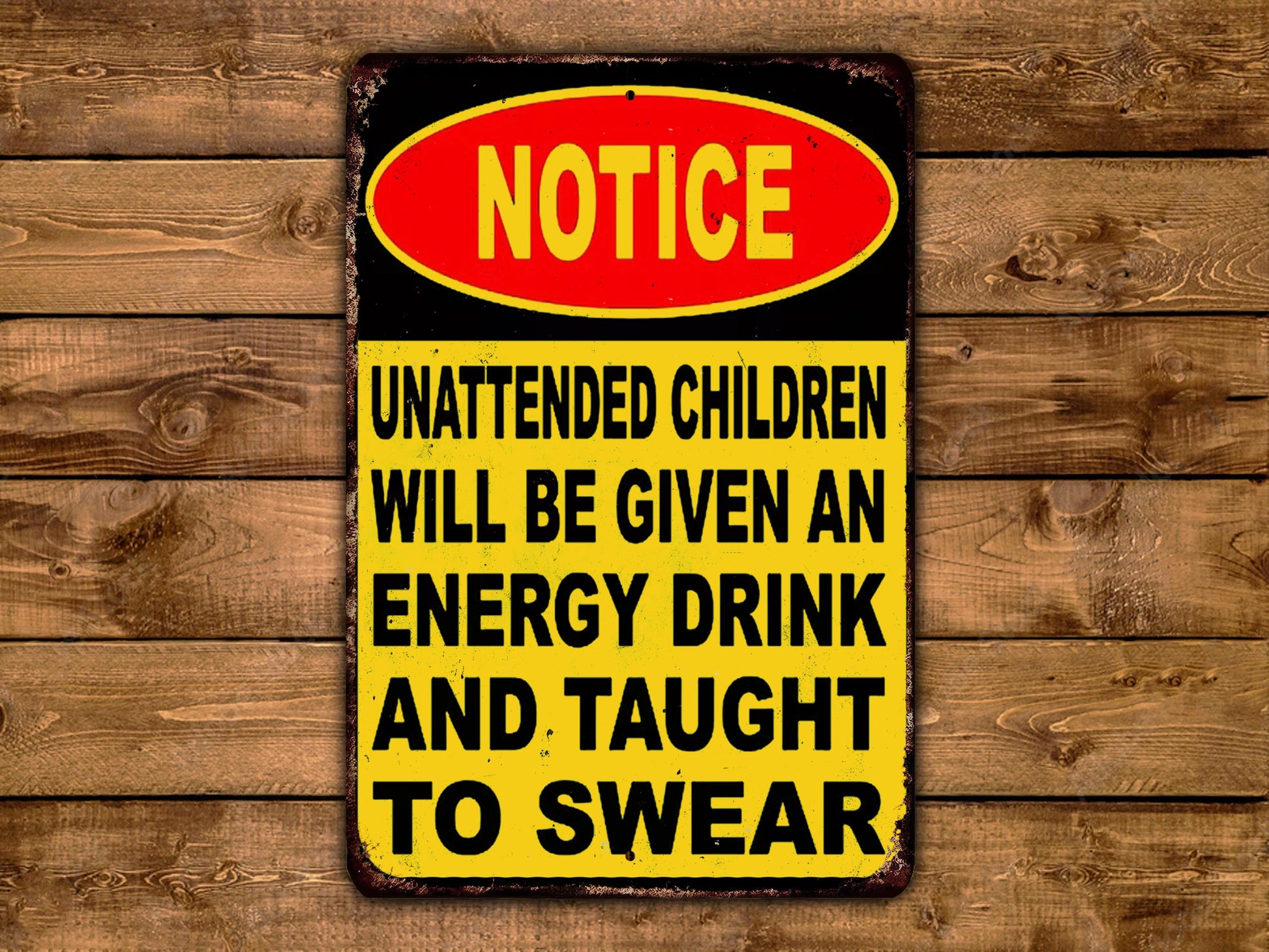 A metal sign with a warning message about unattended children and the consequences of their actions.