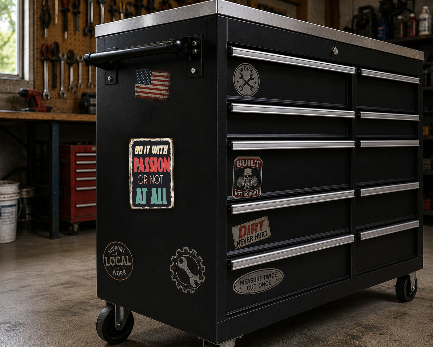 A black workbench with various stickers and labels on it, including a "Do it with passion or not at all" sticker, a "built it" sticker, and a "dirt never hurt" sticker. The workbench is situated in a workshop setting with tools and equipment visible in the background.