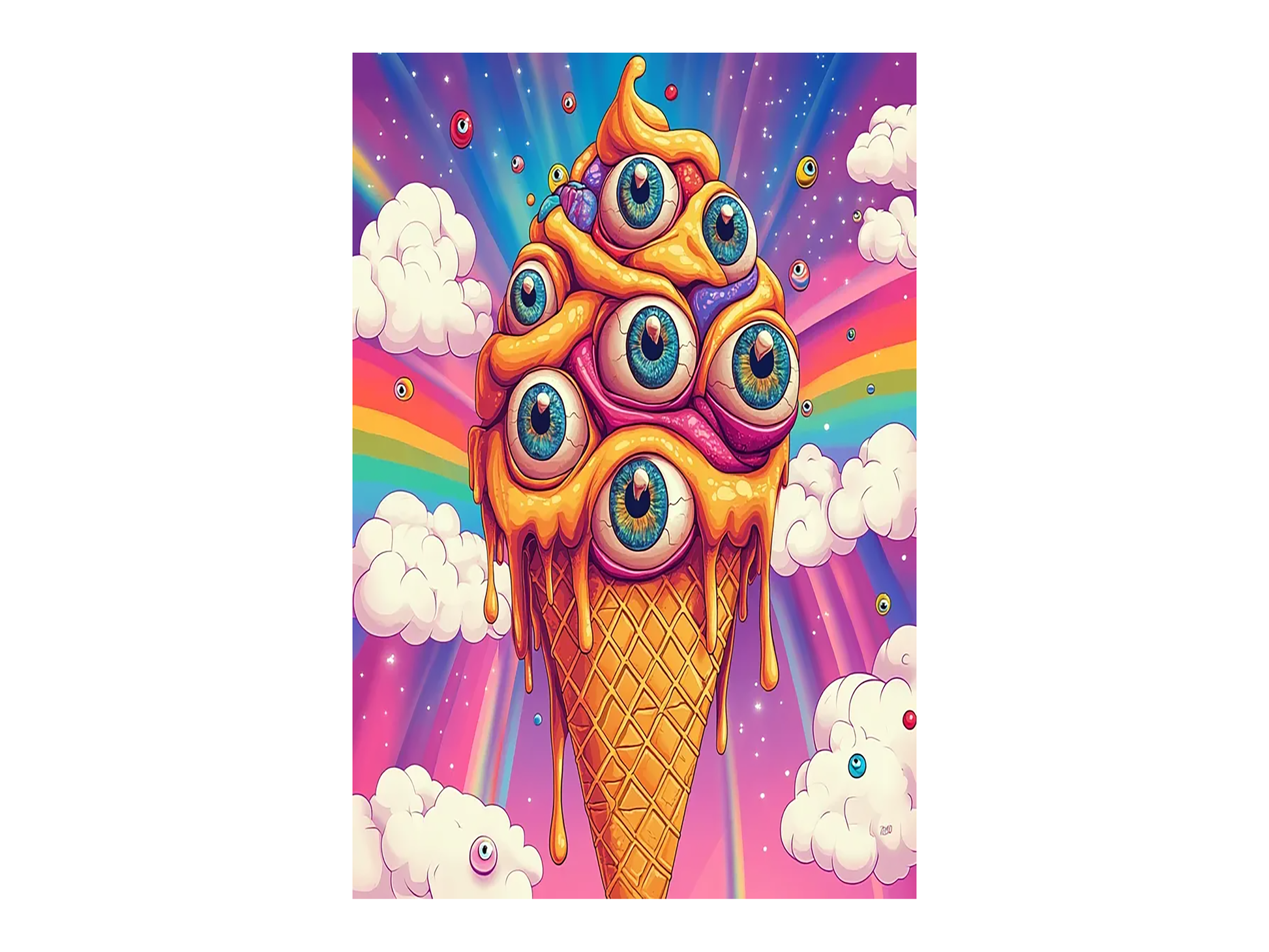 a painting of an ice cream cone with eyeballs on it