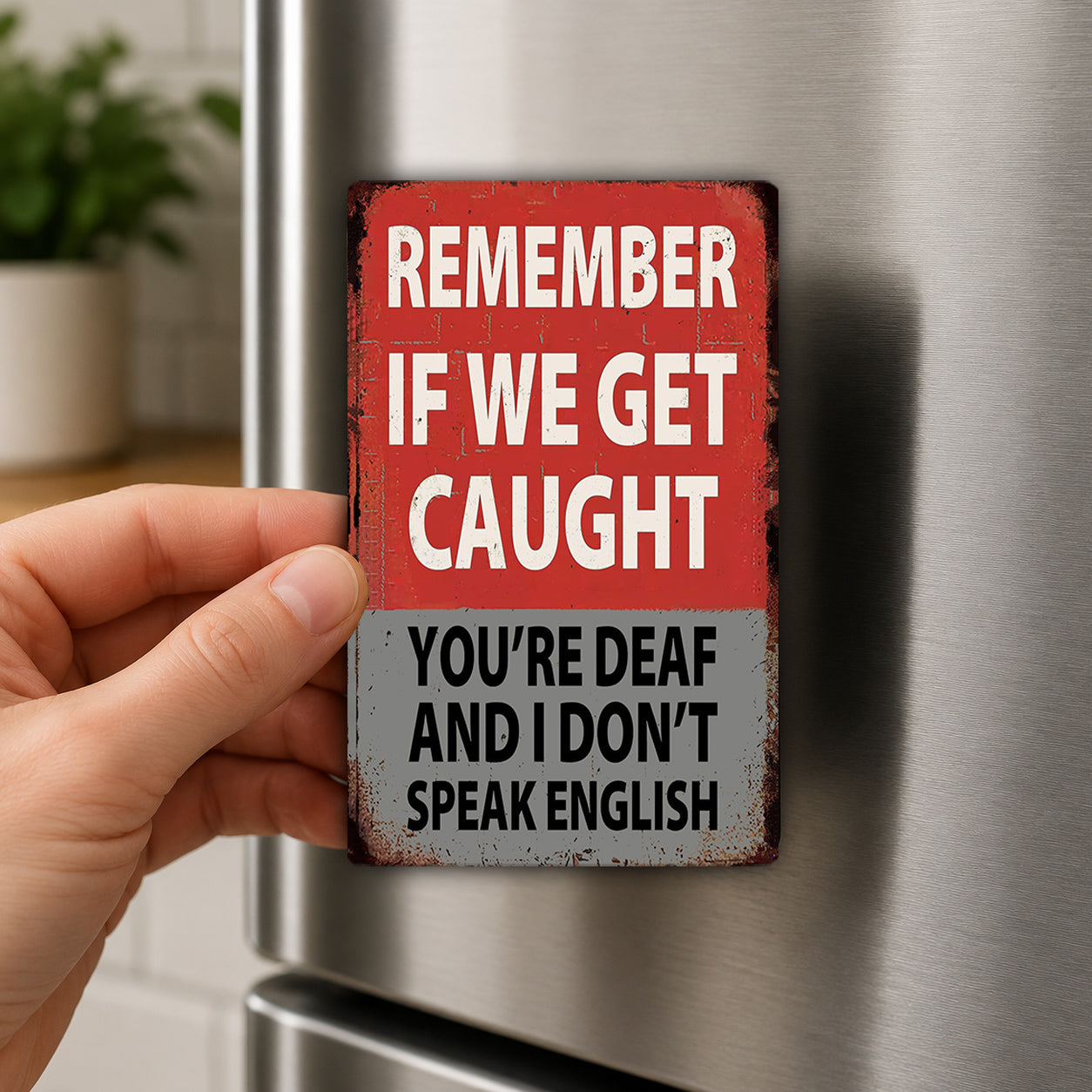 A person's hand is holding a metal refrigerator magnet with a humorous message on it.