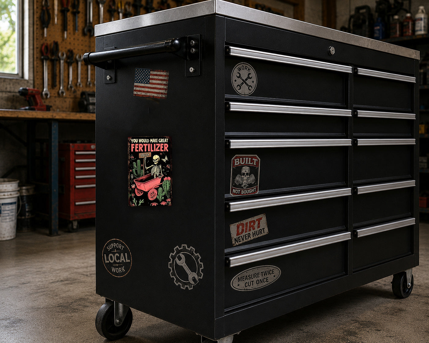 A black workbench with various stickers and labels on it, including a cactus sticker, a "Fertilizer" sticker, and a "Dirt Never Hurt" sticker. The workbench is located in a workshop setting with tools and equipment visible in the background.
