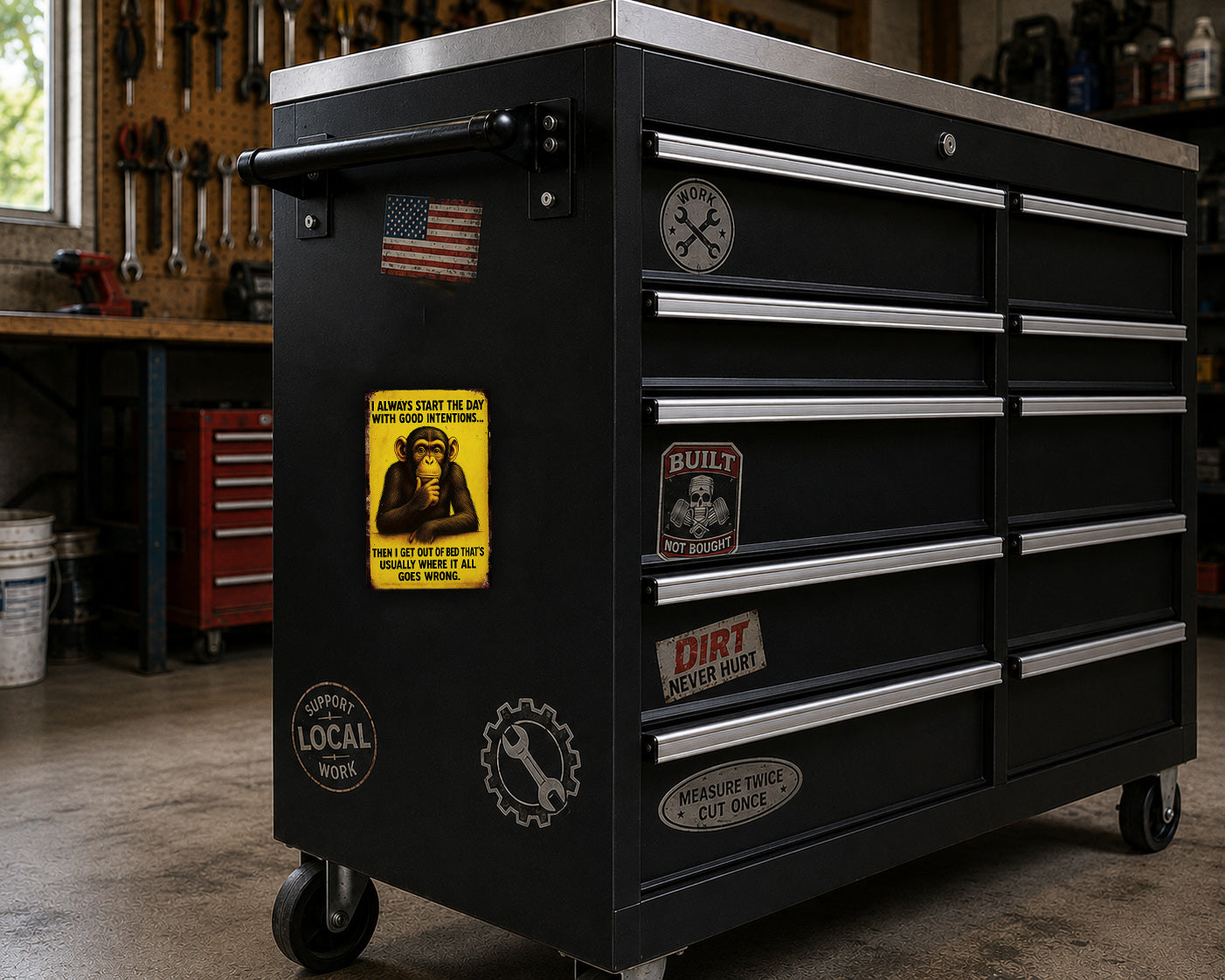 A black workbench with various stickers and labels on it, including a monkey sticker and a "Built" sticker.