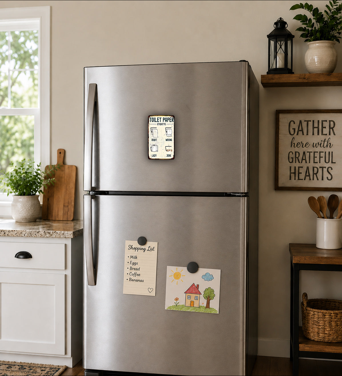a kitchen with a stainless steel refrigerator, a wooden cutting board, and various kitchen items such as a potted plant, a vase, and a basket.