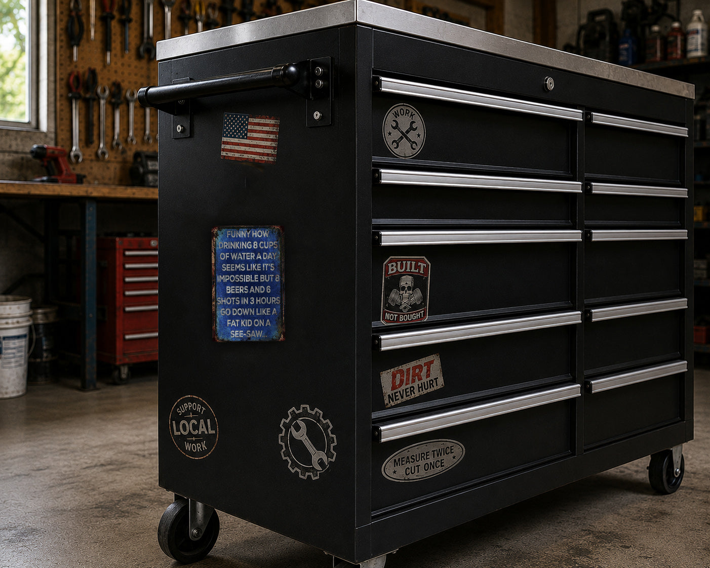 A black workbench with multiple drawers and various stickers and labels on it, located in a workshop setting.