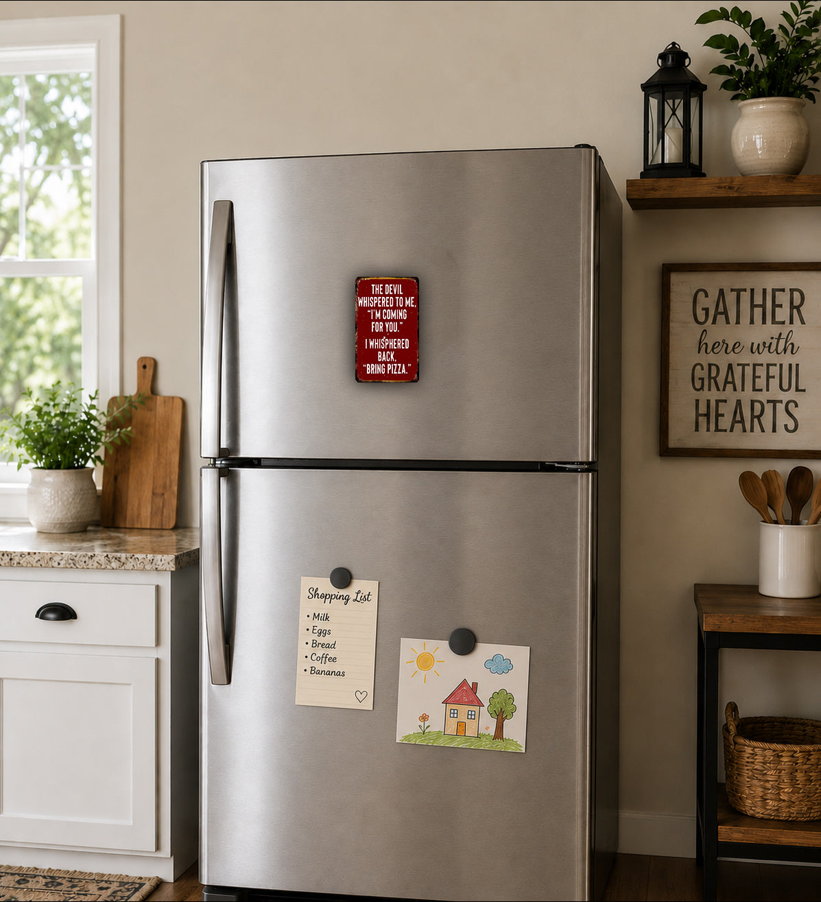 a kitchen with a stainless steel refrigerator, a wooden cutting board, and various kitchen items such as a potted plant, a vase, and a basket.