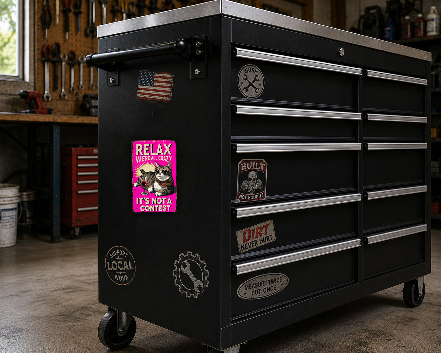 A black workbench with various stickers and labels on it, including a pink sticker with a cartoon cat and the text "Relax, it's not a contest!"
