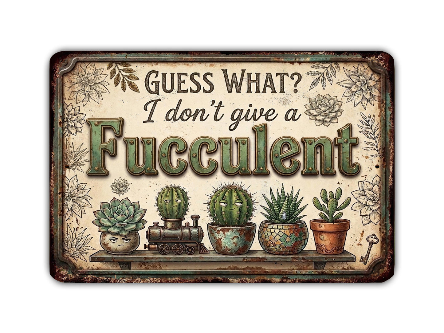 a sign with the text "Guess What? I don't give a Fuzzulent" surrounded by illustrations of various potted plants, including succulents and cacti.