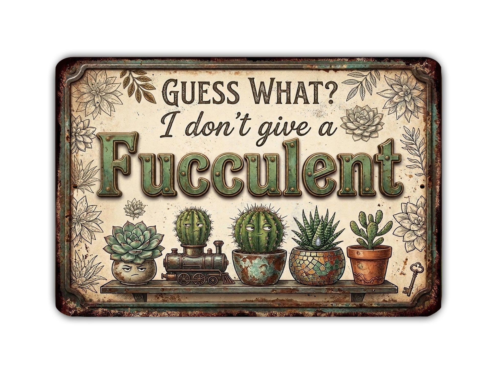 a sign with the text "Guess What? I don't give a Fuzzulent" surrounded by illustrations of various potted plants, including succulents and cacti.