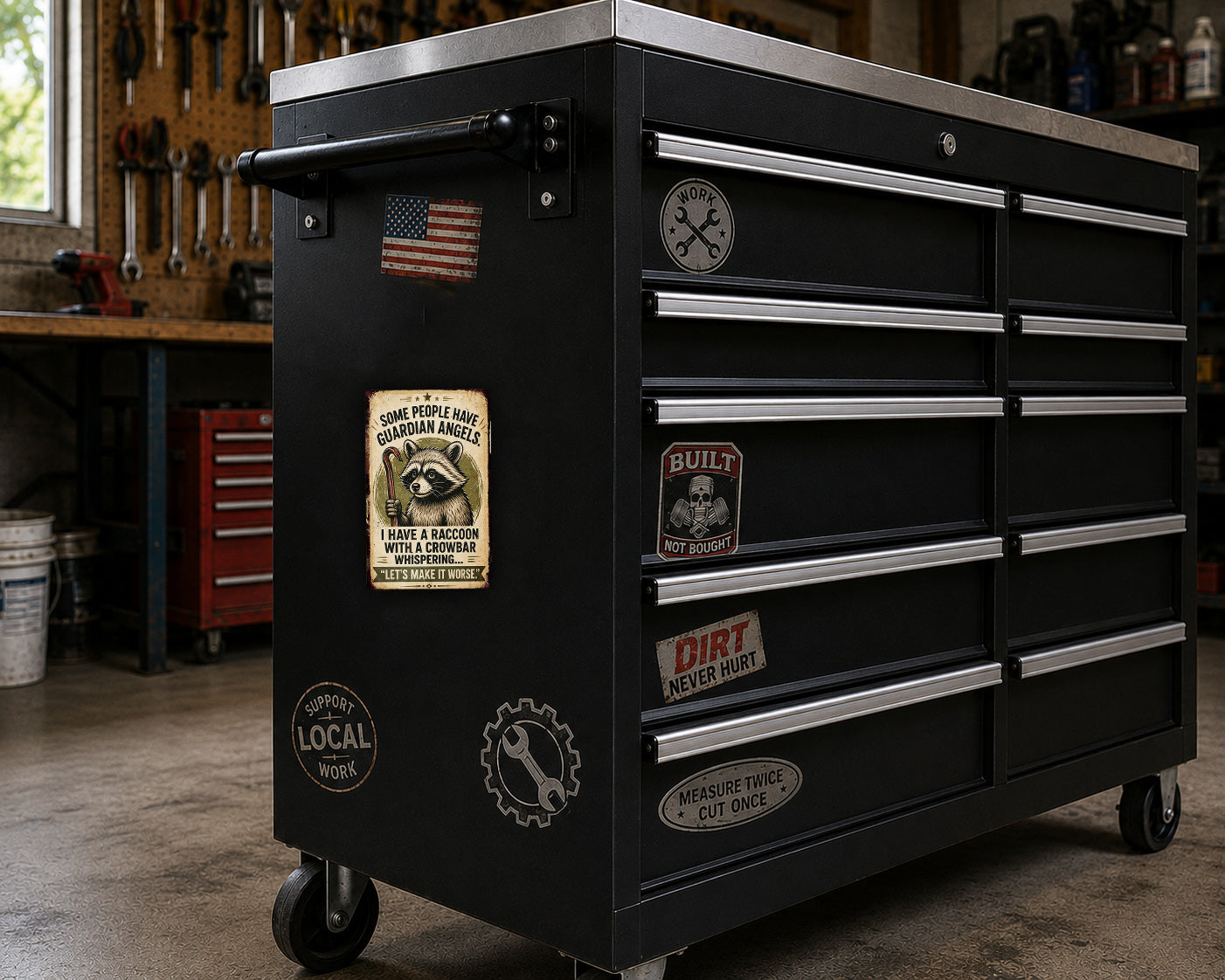 A black tool chest with various stickers and labels on it, placed in a workshop setting.