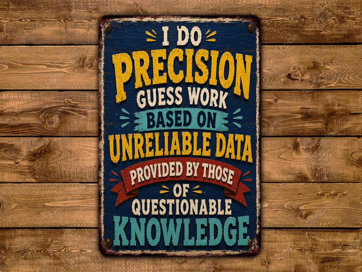 a vintage-style sign with bold text that reads "I DO PRECISION GUESS WORK BASED ON UNRELIABLE DATA PROVIDED BY THOSE OF QUESTIONABLE KNOWLEDGE".