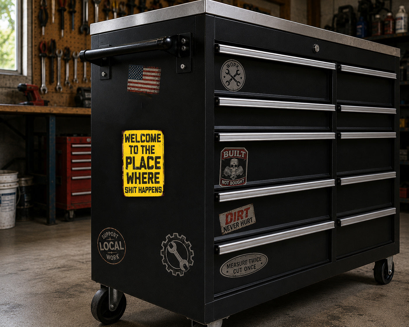 A black tool chest with various stickers and labels on it, placed in a workshop setting.