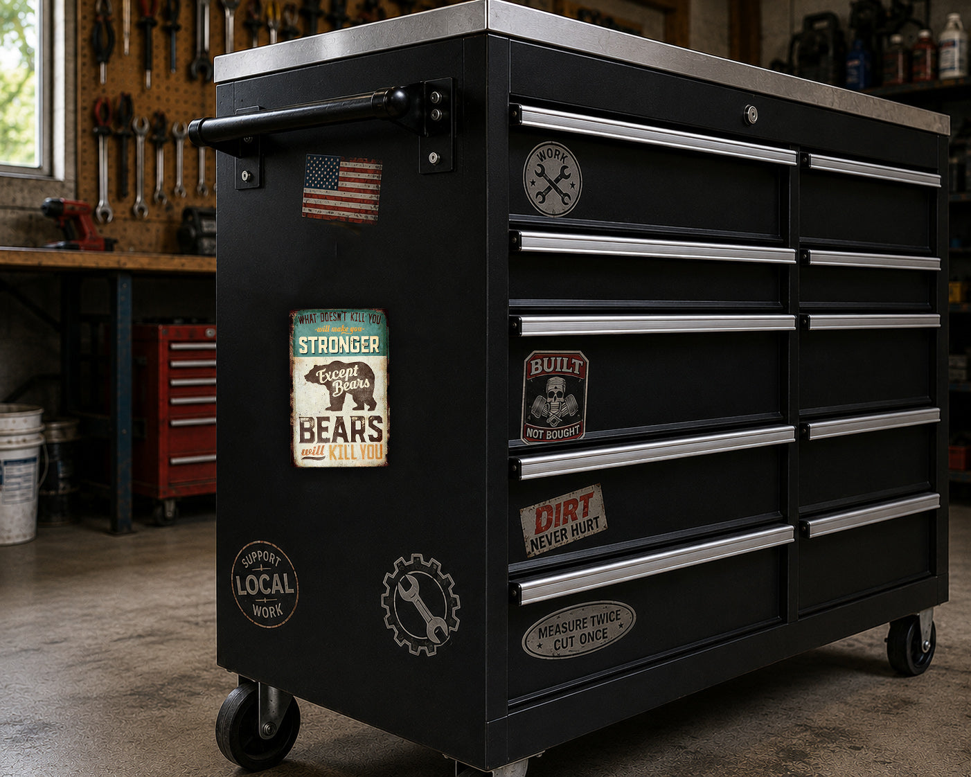 A black tool chest with various stickers and labels on it, placed in a workshop setting.