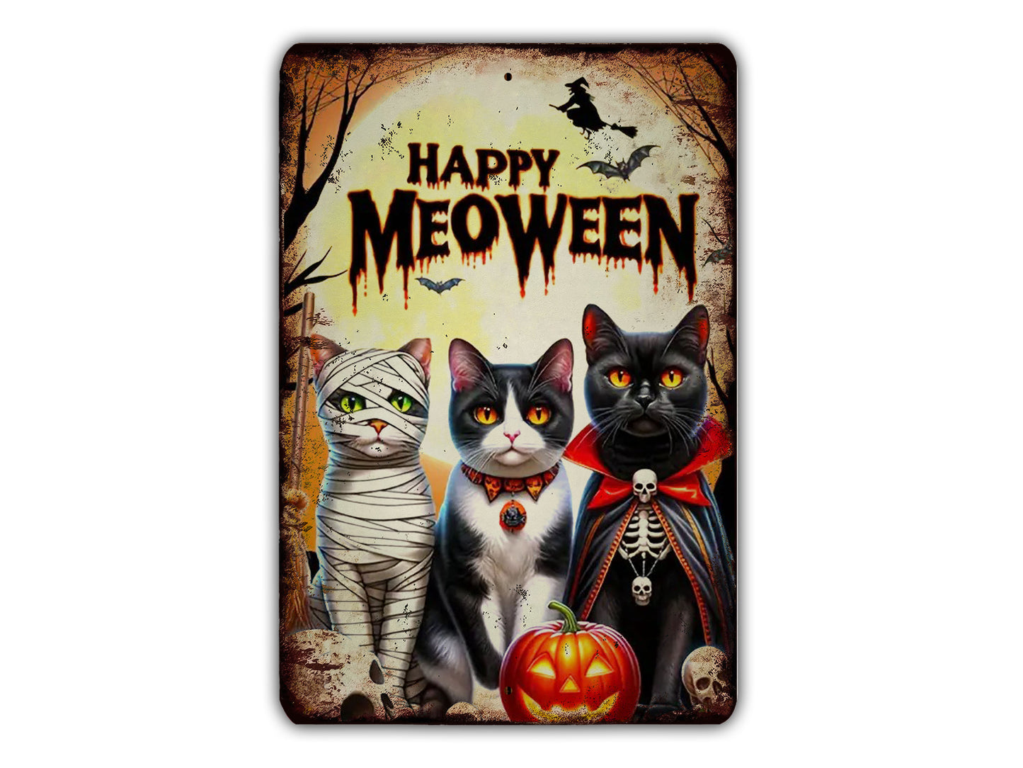 a happy halloween card with three cats and a pumpkin