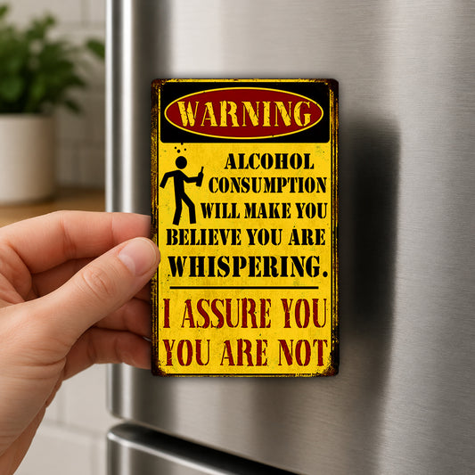 A person is holding a metal sign with a warning message about alcohol consumption.