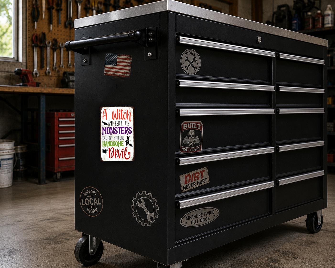 A black workbench with various stickers and labels on it, including a sticker with a quote about witches and monsters.