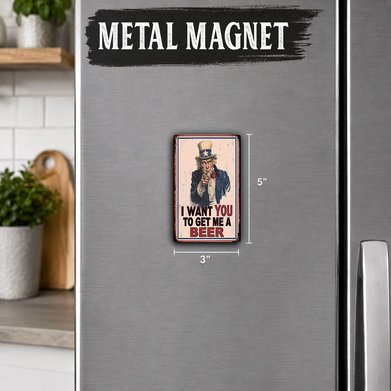 a small, vintage-style beer magnet on a refrigerator.