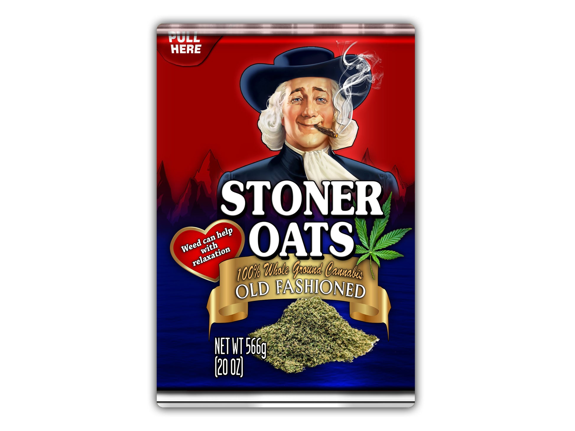 a bag of stoner oats with a picture of a man in a top