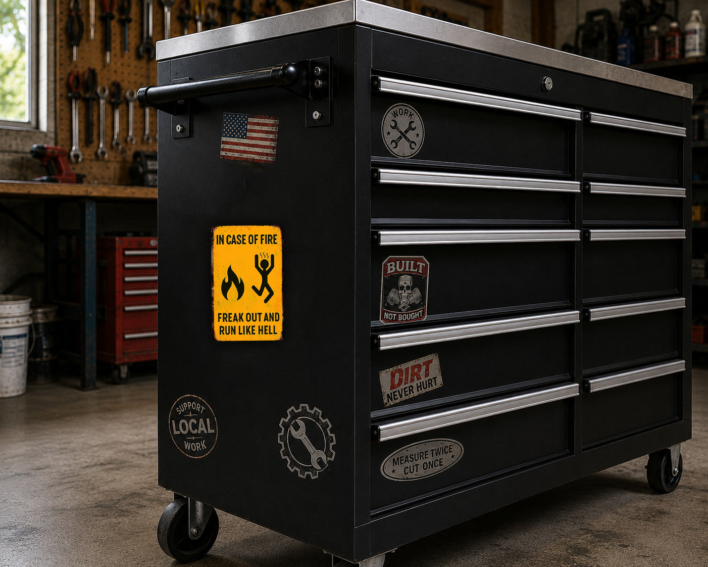 A black tool chest with various stickers and labels on it, placed in a workshop setting.