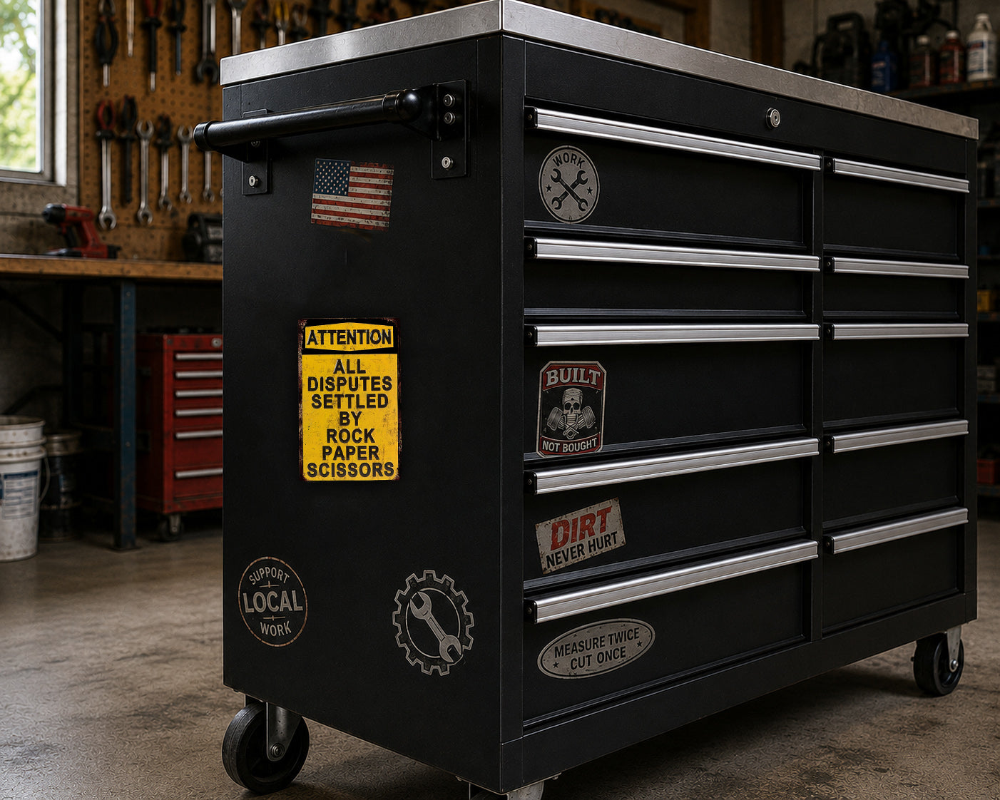 A black tool chest with various stickers and labels on it, placed in a workshop setting.