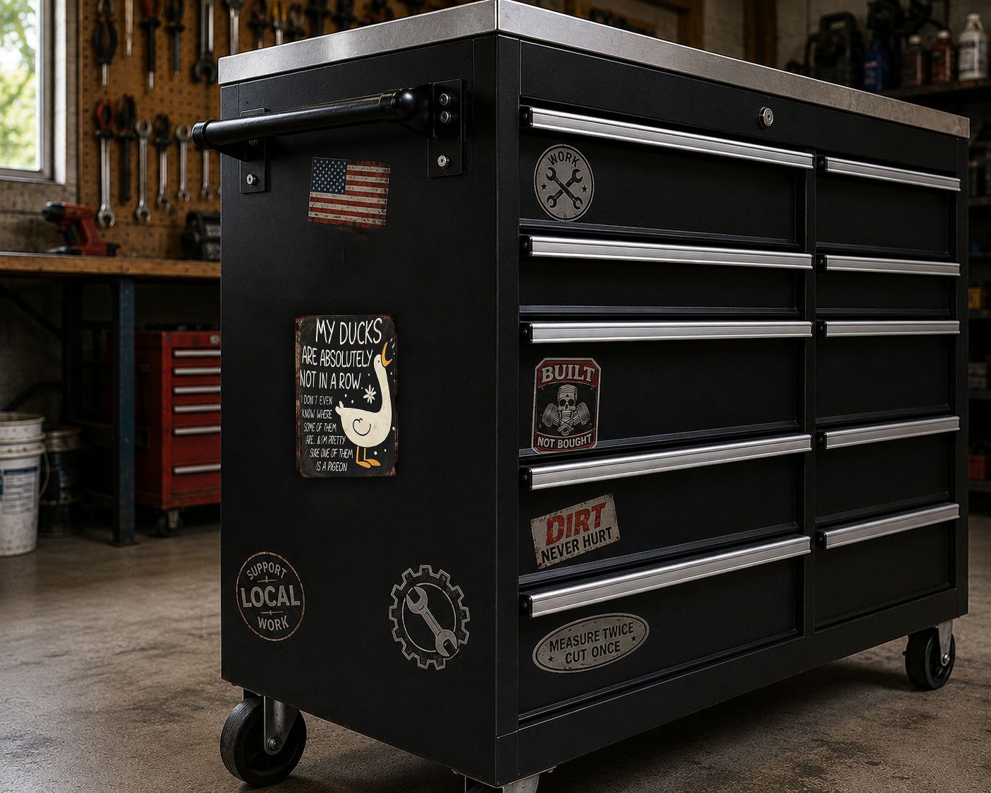 A black workbench with various stickers and labels on it, located in a workshop setting.