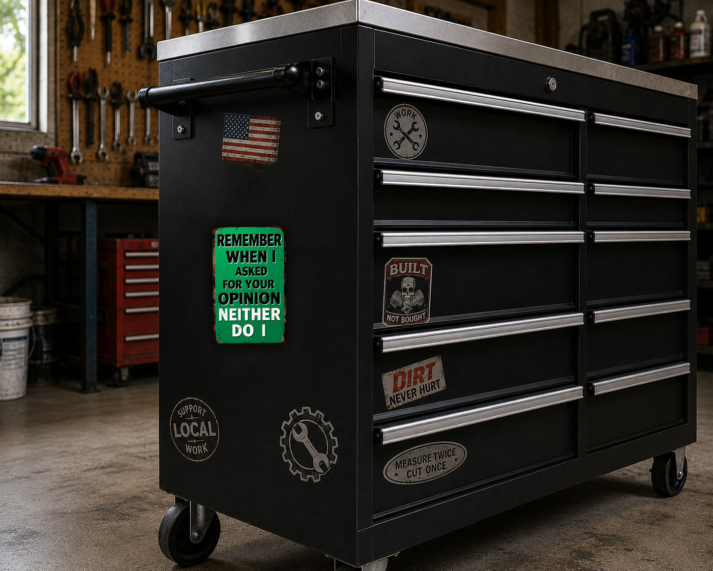 a black workbench with various stickers and labels on it, including a warning sticker and a humorous message.