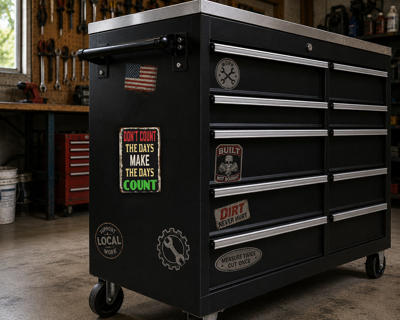 A black workbench with various stickers and magnets on it, located in a workshop setting.
