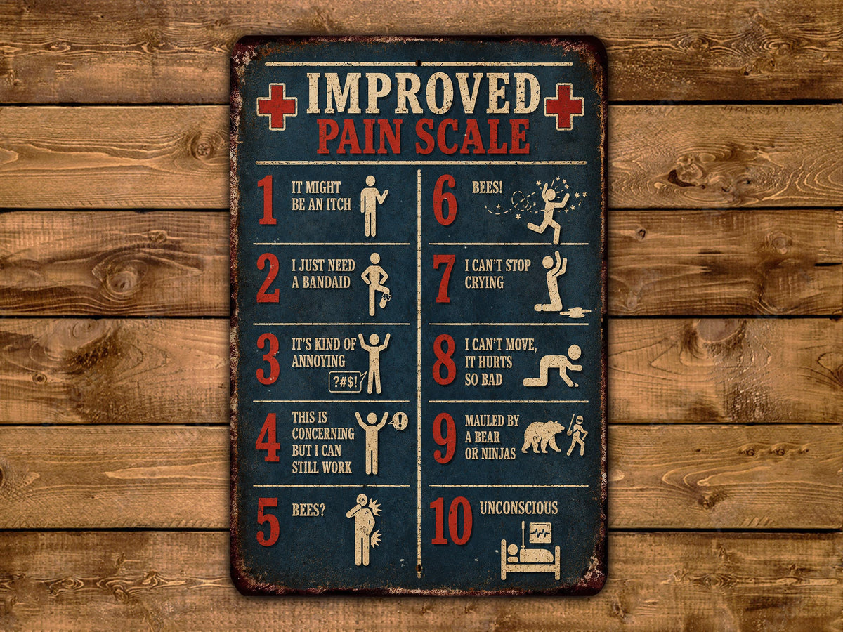 The image is a humorous sign depicting a pain scale with various descriptions of pain levels, ranging from mild to severe.