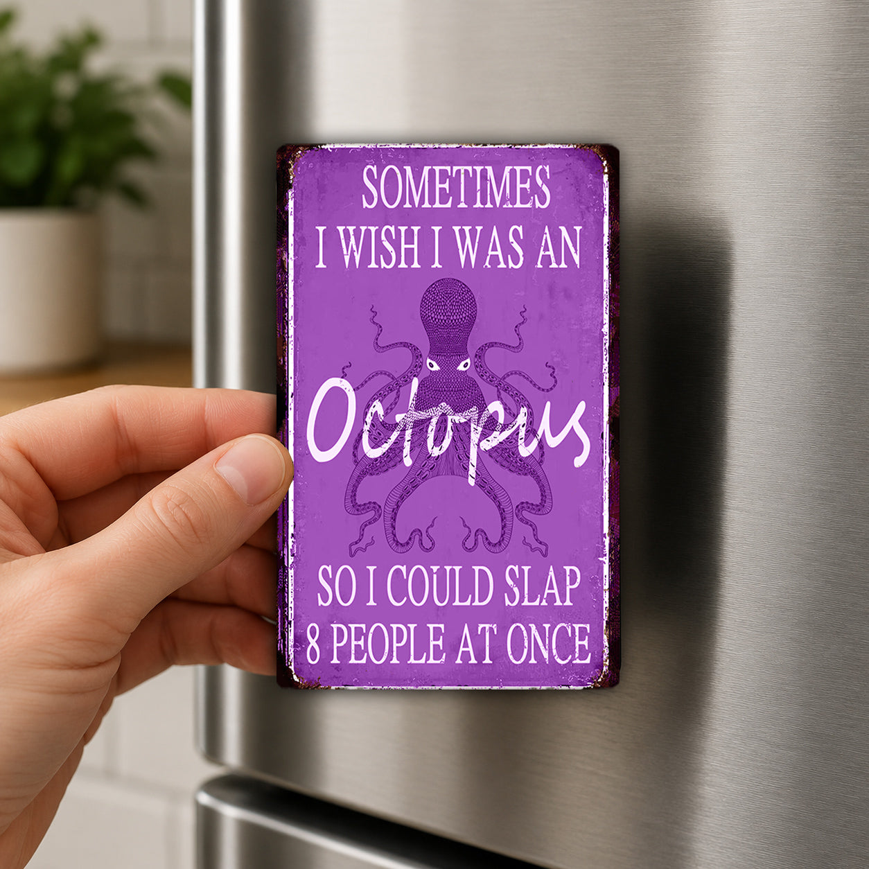 A person's hand holding a purple sign with an image of an octopus and the text "Sometimes I wish I was an Octopus so I could slab 8 people at once".