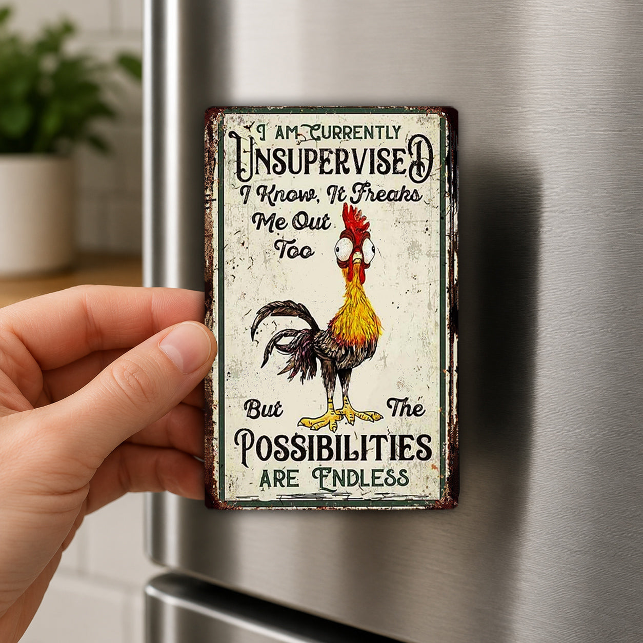 a person holding a metal sign with a cartoon rooster on it.