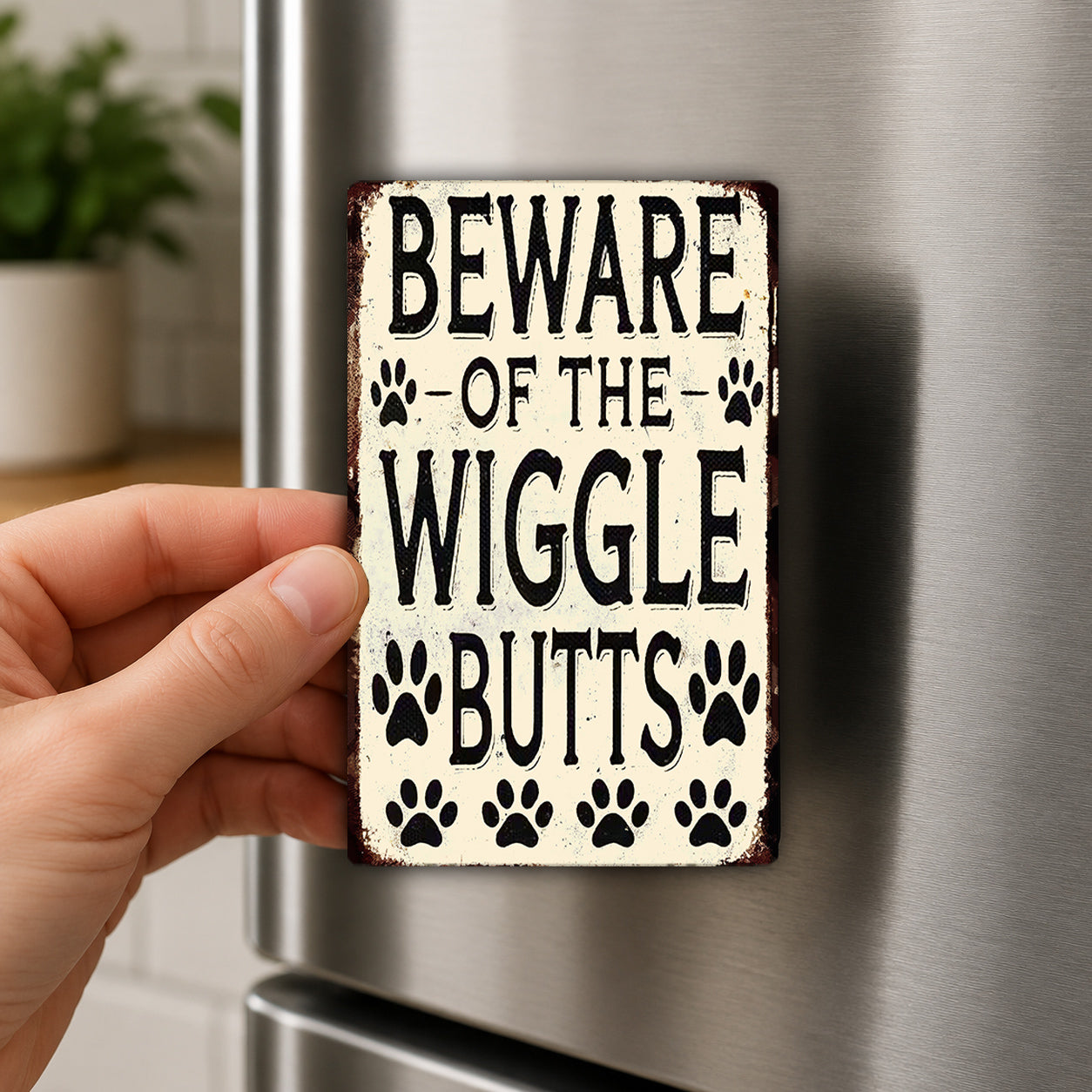 A hand is holding a small metal sign with the text "BEWARE OF THE WIGGLES BUTTS" on it.