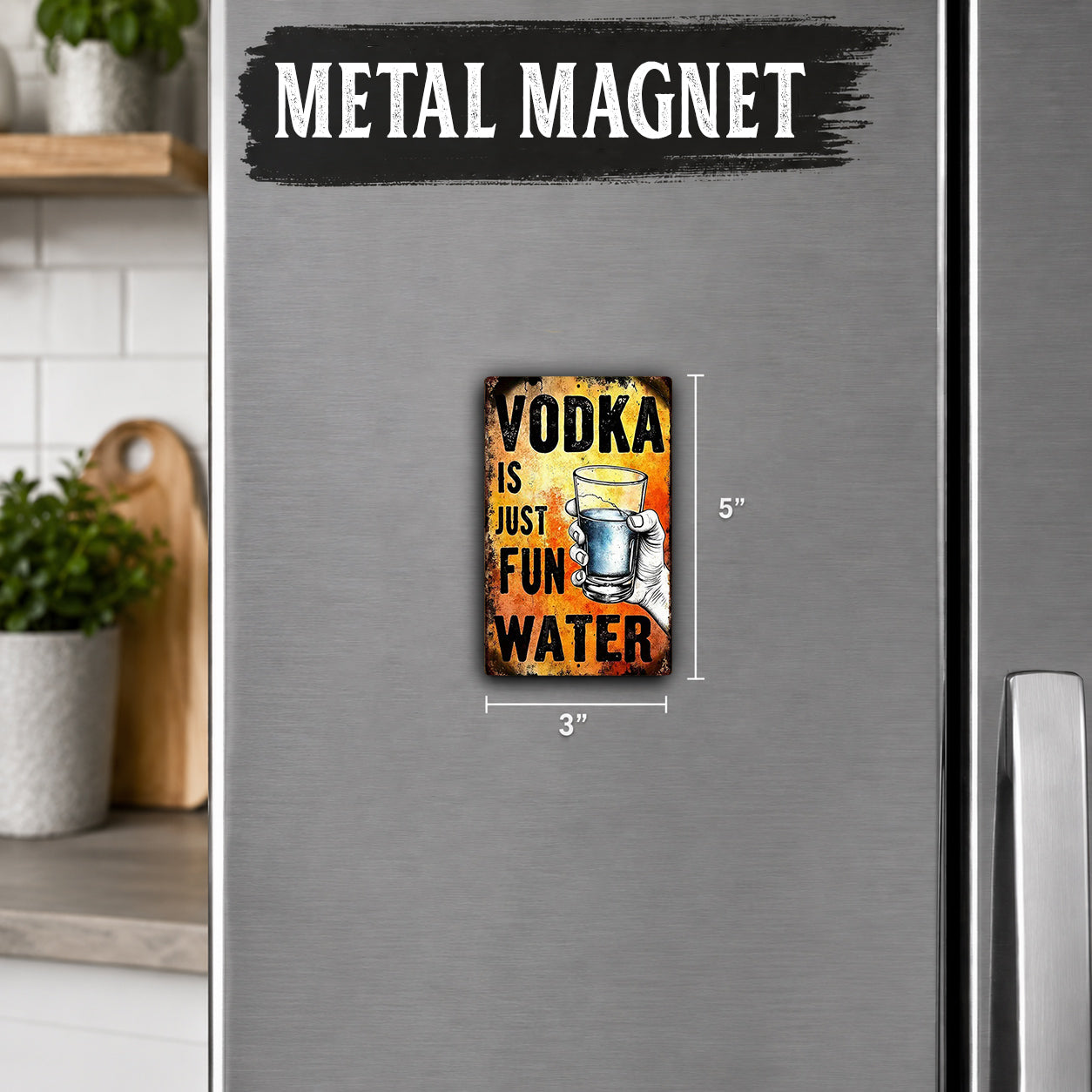a small, colorful, and humorous magnet on a refrigerator door.