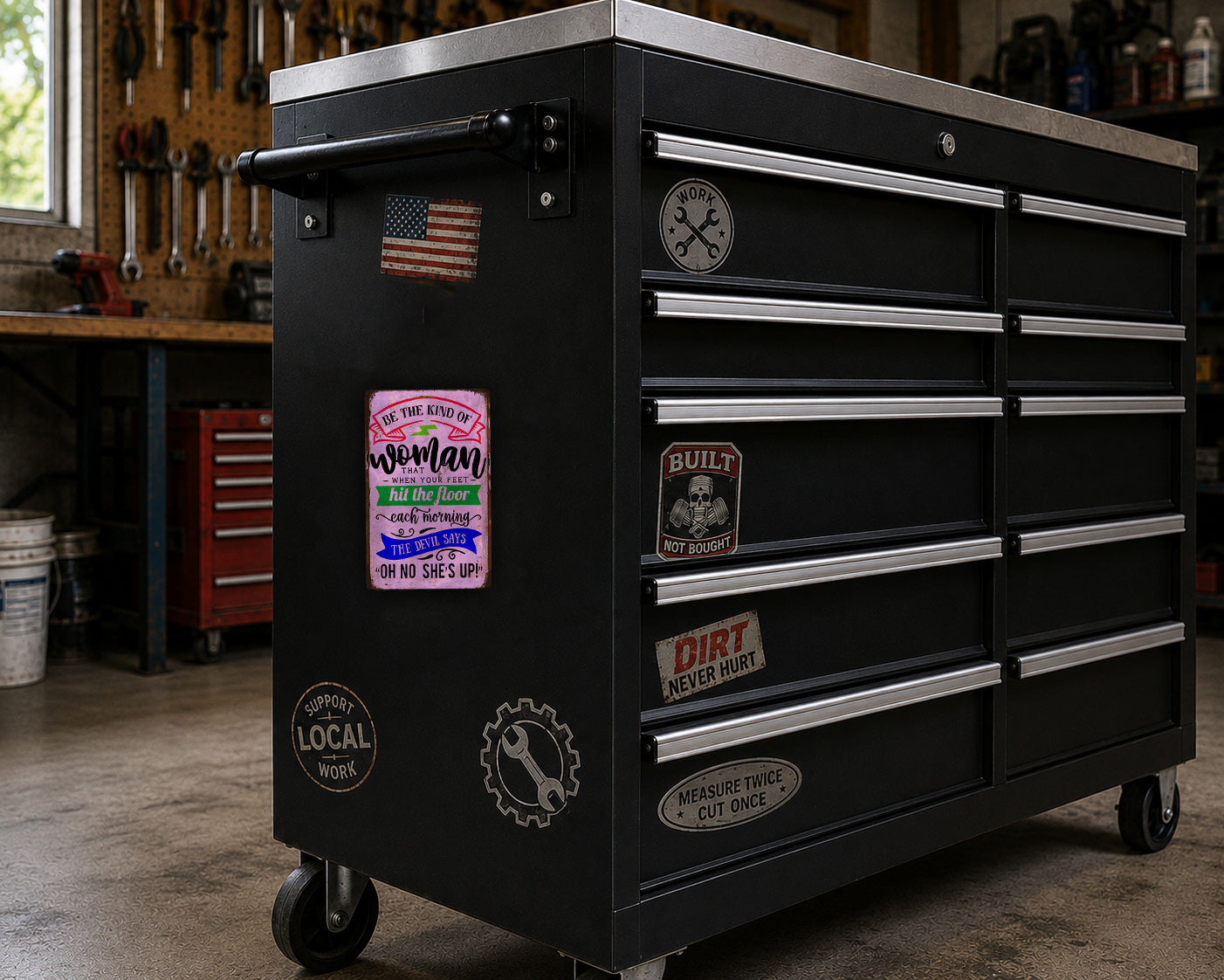 A black workbench with various stickers and labels on it, including a pink sticker with a message about a woman and a "BUILT" sticker.