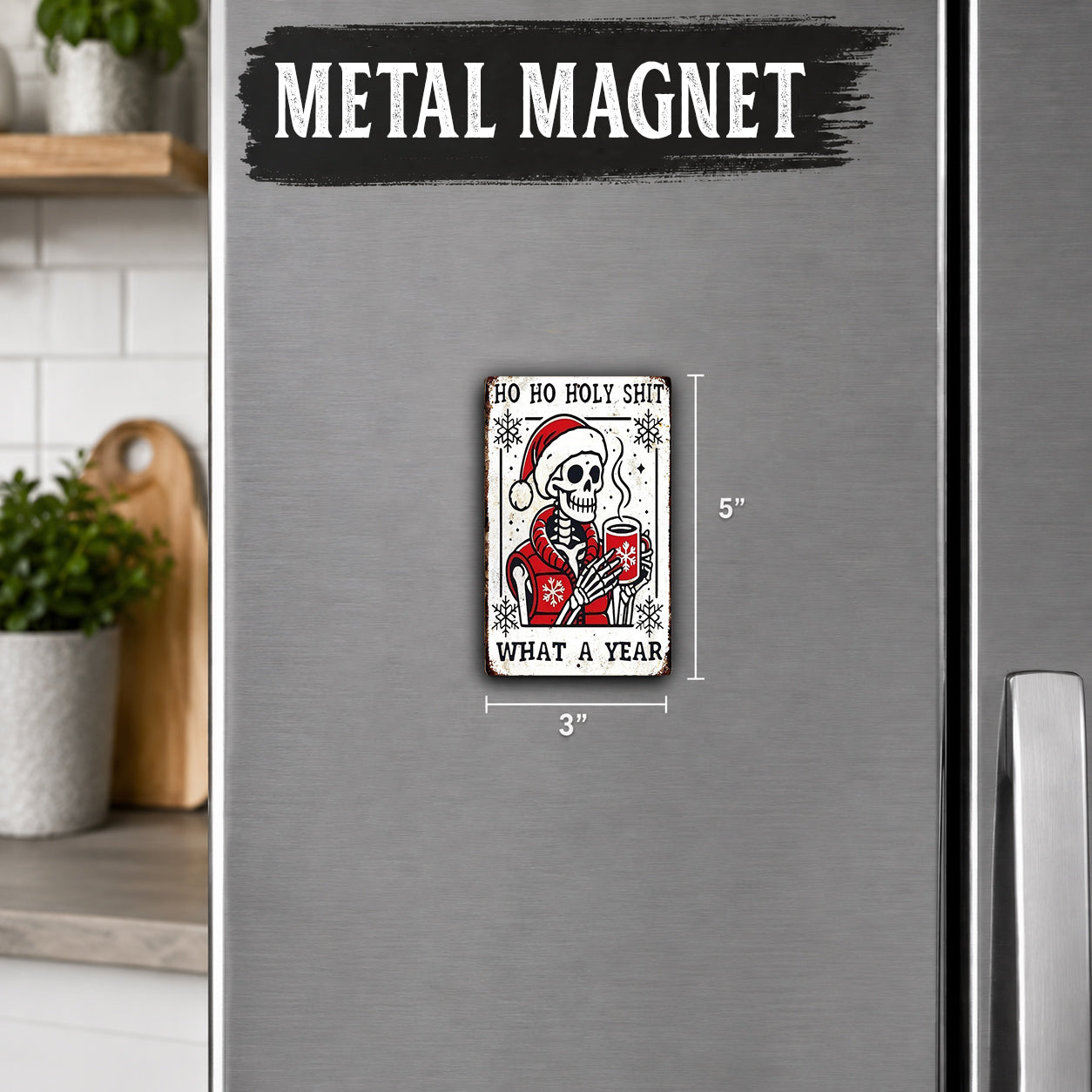 A metal refrigerator magnet with a skeleton wearing a Santa hat and holding a cup of coffee.