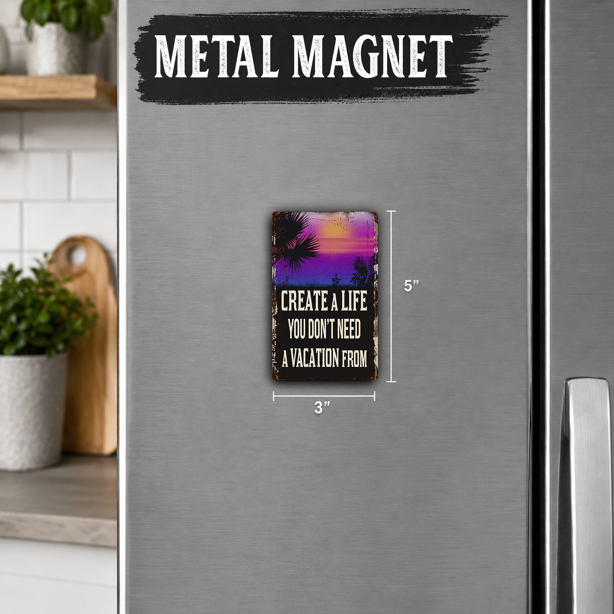 a small, colorful magnet on a refrigerator door with the text "METAL MAGNET" above it.