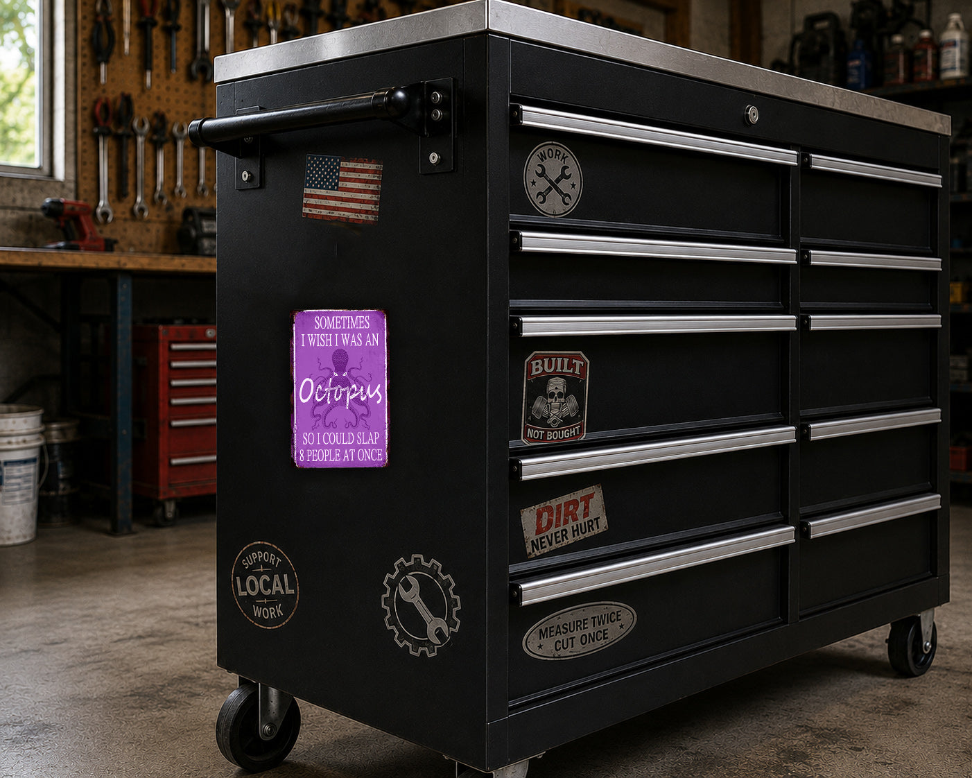 A black workbench with various stickers and magnets on it, located in a workshop setting.