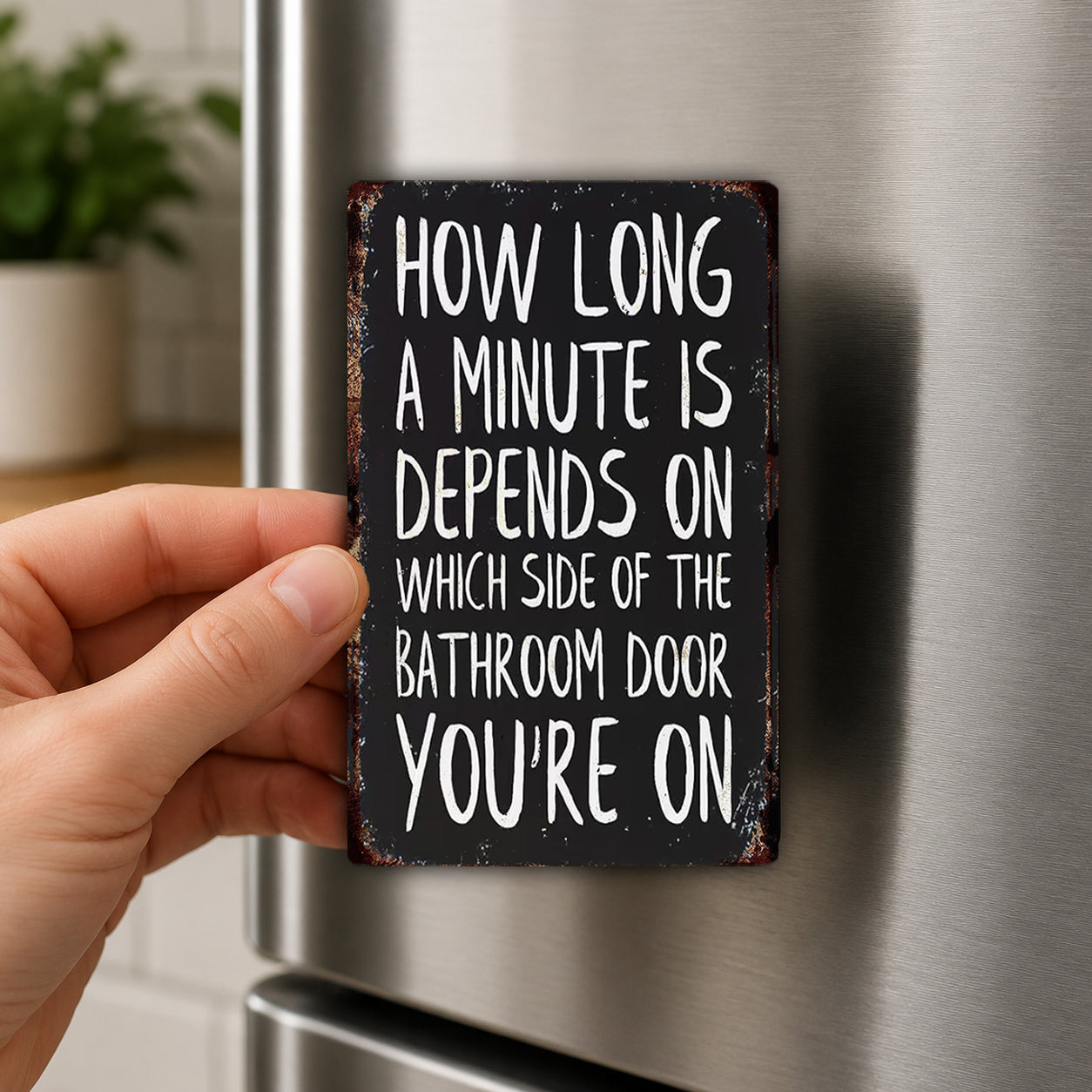 A hand holding a sign with the text "How long a minute is depends on which side of the bathroom door you're on" against a stainless steel refrigerator background.